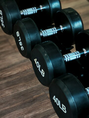 Dumbbell at fitness Gym to build muscle ,Sports equipment in gym.