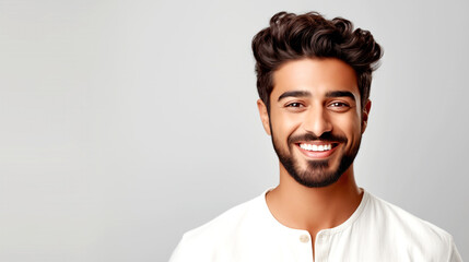 Portrait of a young smiling Indian man with beard isolated on white background. legal AI