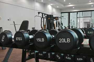 Dumbbell at fitness Gym to build muscle ,Sports equipment in gym. - obrazy, fototapety, plakaty
