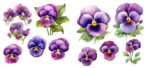pansy flower watercolor illustration clipart. generative ai - obrazy, fototapety, plakaty
