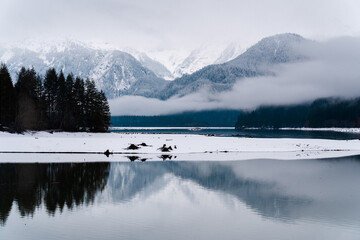 Baker Lake on a calm winter day in North Cascades in Washington