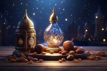 Magical lantern on a wooden table with nuts and citrus fruits against a starry night sky background.