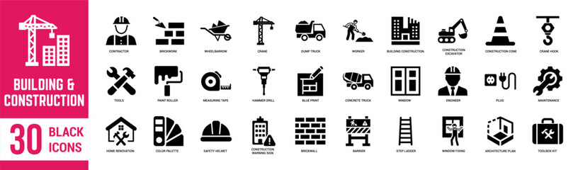 Construction solid icons set. Construction, architecture, worker, crane, engineer, building, contractor, blueprint, renovation and home repair tools. Vector illustration © Mogana