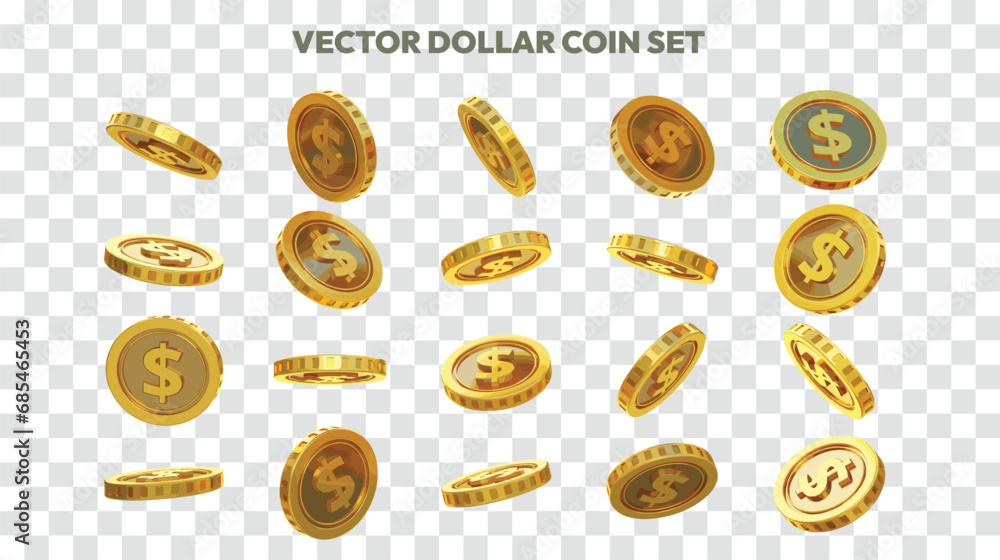 Poster vector illustration of set of abstract golden us dollar coins in different angles and orientations. 