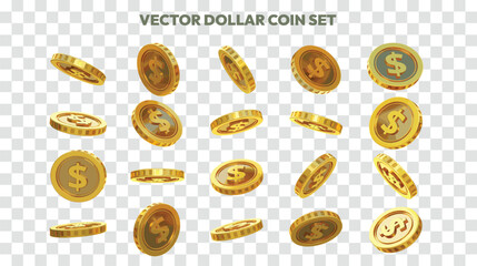 Vector illustration of set of abstract golden US dollar coins in different angles and orientations. Currency sign on coin design in Scalable eps format - obrazy, fototapety, plakaty