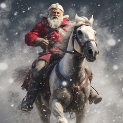Western style Santa Claus riding a horse in snowy weather. Created using ai generative. 