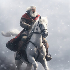 Western style Santa Claus riding a horse in snowy weather. Created using ai generative. 
