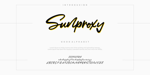 Sunproxy font alphabet. Minimal modern urban fonts for logo, brand etc. Typography typeface uppercase lowercase and number. vector illustration