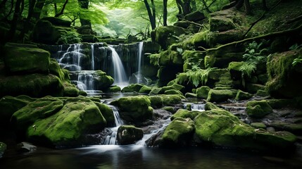 A woodland waterfall cascading through mossy rocks
