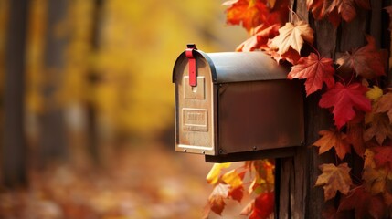 vintage mailbox laden with letters and autumn leaves on wooden background - world post day concept, october 9 holiday symbol