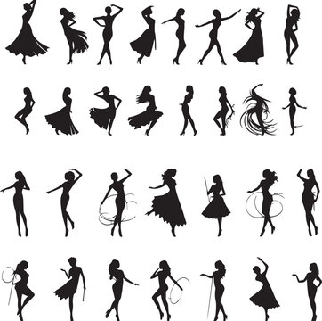 Vector collection silhouettes of dancing girls in different positions on white background