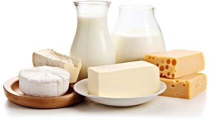 Dairy products on a white background. Milk, cheeses, sour cream and butter.