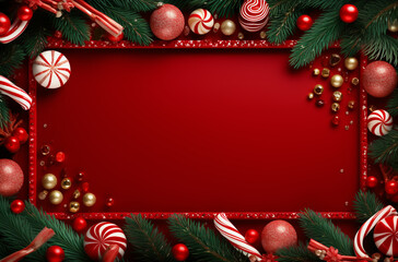 Fototapeta na wymiar Christmas background with red frame, candy canes and fir branches.