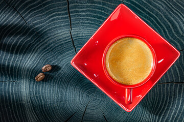 Coffee In Red Cup On Vintage Wood.