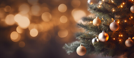 Fototapeta na wymiar Christmas tree with baubles and sparkling lights on light bokeh background