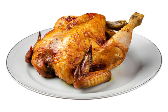 Roasted chicken on a plate isolated on a transparent background. Generative AI 