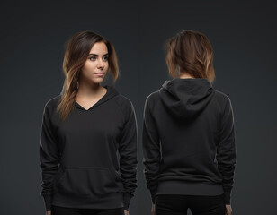Front and back view of a female black hoodie mockup for design print
