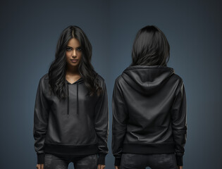 Front and back view of a female black hoodie mockup for design print - Powered by Adobe