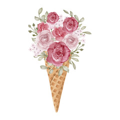 Floral bouquet in ice cream cone, Flowers Vector Illustration