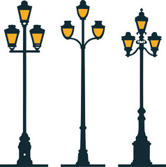Set of Street Lamp. Vintage Street Light Post. Vector Illustration Isolated on White Background.