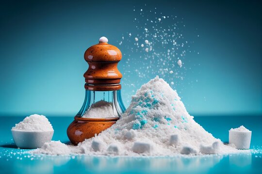 A pile of salt from salt shaker, concept excessive salt intake and white death