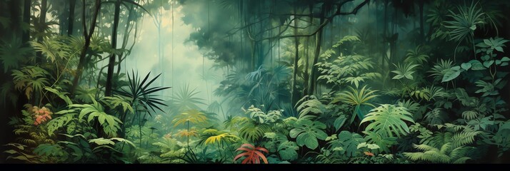 tropical forest painting watercolor for wall art background wallpaper - obrazy, fototapety, plakaty