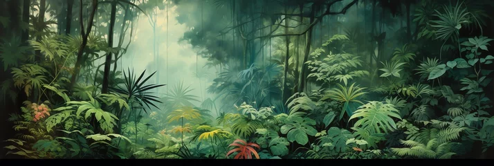 Fotobehang tropical forest painting watercolor for wall art background wallpaper © fledermausstudio
