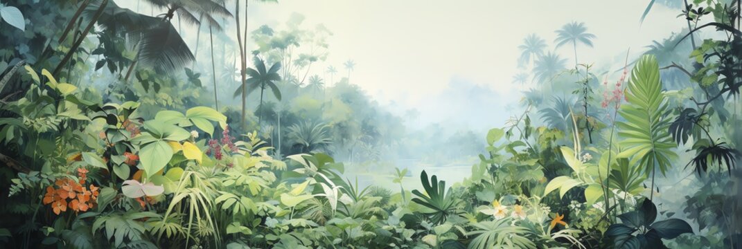 Fototapeta tropical forest painting watercolor for wall art background wallpaper