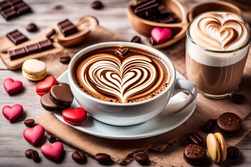 Flavored coffee cappuccino with beautiful foam with macarons and chocolate in the shape of a heart
