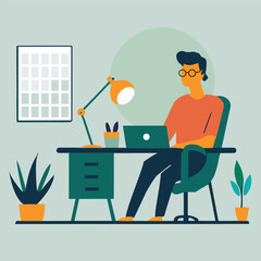 Working at home, concept illustration. Young people, man freelancers working on laptops at home. Vector flat style