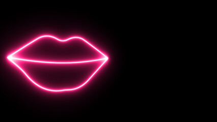 Neon lips signs over black background. Lip shape neon illustration. Glowing neon woman lips sign, girl mouth. Glossy lips, concept female lips