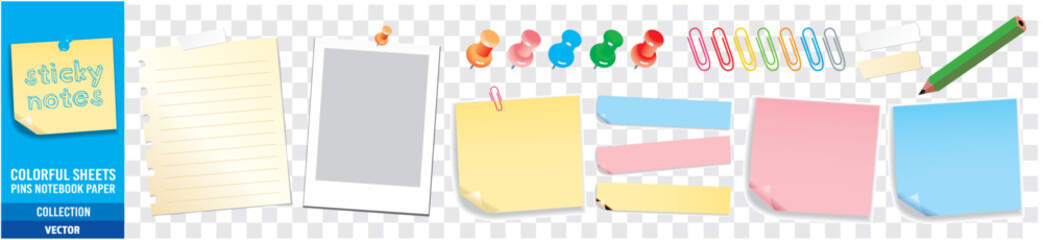 Sticky notes, Push pin, Vintage memo, Paper reminder. Colored paper sheets, collection vector illustration.