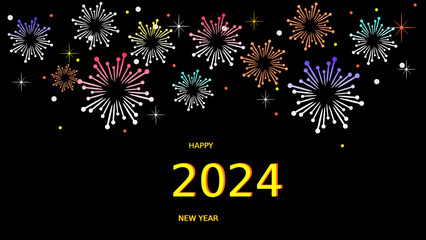 Happy New Year 2024 typography with fireworks design black background vector