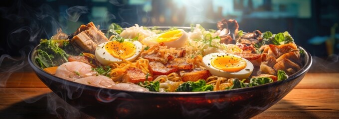 A steaming bowl of ramen, its rich broth filled with noodles, pork belly, and a soft-boiled egg. 