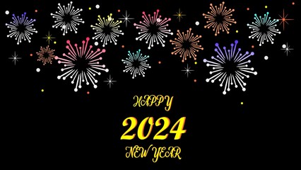 Happy New Year 2024 typography with fireworks design black background