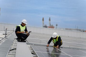 Technology solar cell, Engineers walking on roof inspect and check solar cell panel, service check installation solar cell on the roof of factory, repair solar cell on the roof of factory.