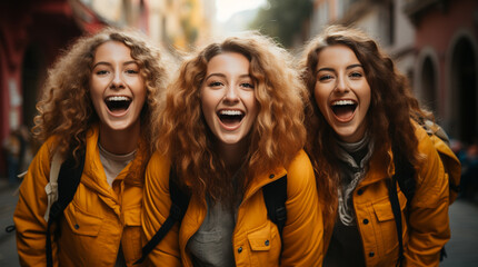 Fototapeta premium Happy American female world travelers travel around the world wearing backpacks, looking straight ahead and shouting with joy. Generative AI