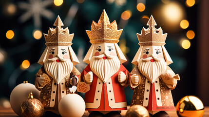 Three wise men holding gifts for Jesus. Concept for religious holiday of Epiphany, Nativity of Jesus, Three Kings Day, Christmas - obrazy, fototapety, plakaty