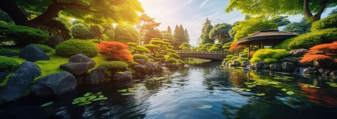 Harmony in Nature: A Tranquil Japanese Garden Oasis with Manicured Trees, Tranquil Ponds, and Graceful Koi Fish