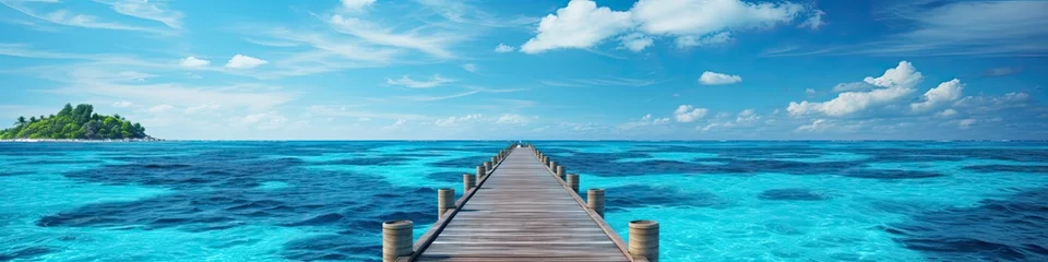 Gardinen panorama view of an endless wooden dock over the ocean © Ross