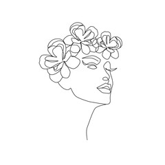 Elegant Line Art Woman Face with Flowers. One Line Hand Dawn Vector Botanical Illustration. Minimal Line Drawing Female Face with Flowers.