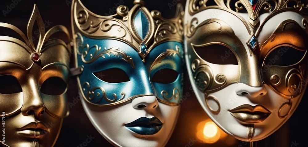 Poster a group of three masquerade masks sitting next to each other on a black background with a light in t