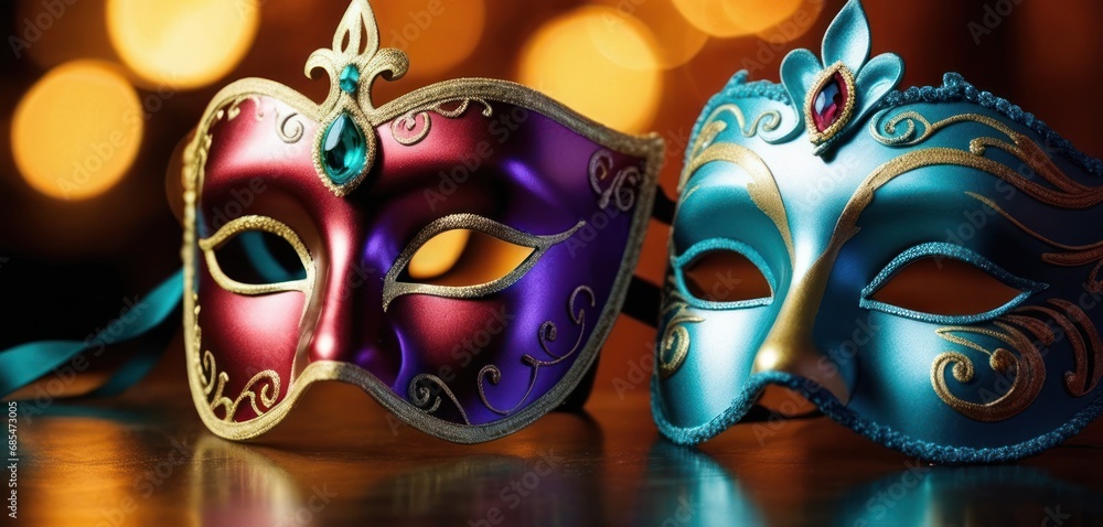 Poster two masquerade masks sitting next to each other on a table with a boke of lights in the backround of