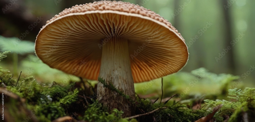 Poster a close up of a mushroom on the ground in a forest with moss growing on the ground and a tree trunk 