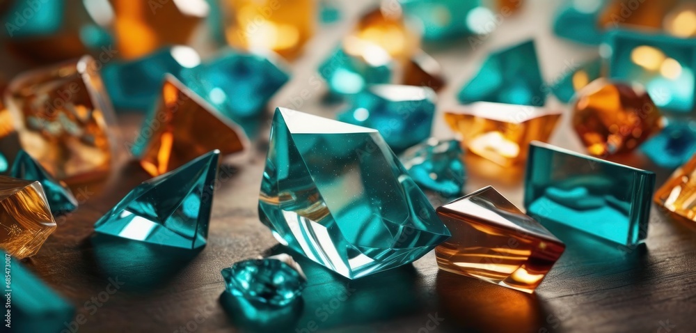 Poster a table topped with lots of blue and yellow diamond like objects on top of a wooden table next to a 
