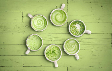 Matcha latte tea table display with raw matcha on bright green wood background