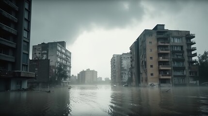 City devastated by a storm and flood, with buildings and roads destroyed due to extremely severe weather conditions, missile strike or war.