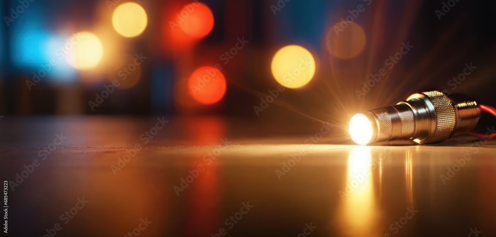 Poster a close up of a light bulb on a table with blurry lights in the background and a red cord attached t