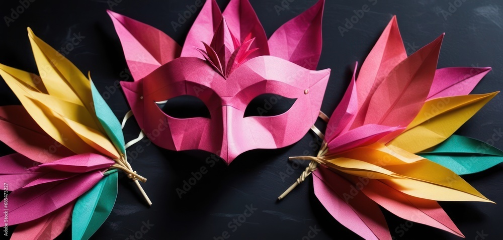 Poster a close up of a mask on a table with a pair of paper flowers on the side of the mask and a pair of p