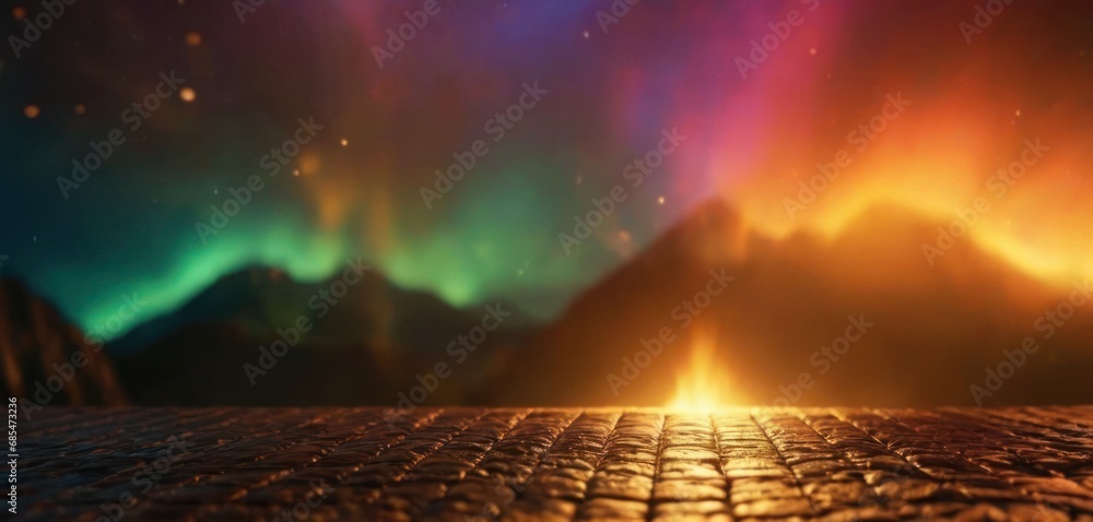 Poster a view of the aurora lights in the sky over a cobblestone road in front of a mountain range with a b